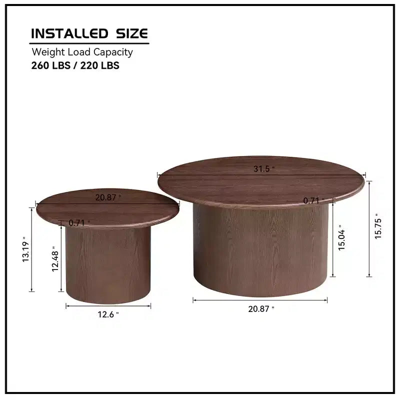 Lot de 2 tables basses rondes en MDF pour salon, appartement, espace détente, couleur noyer