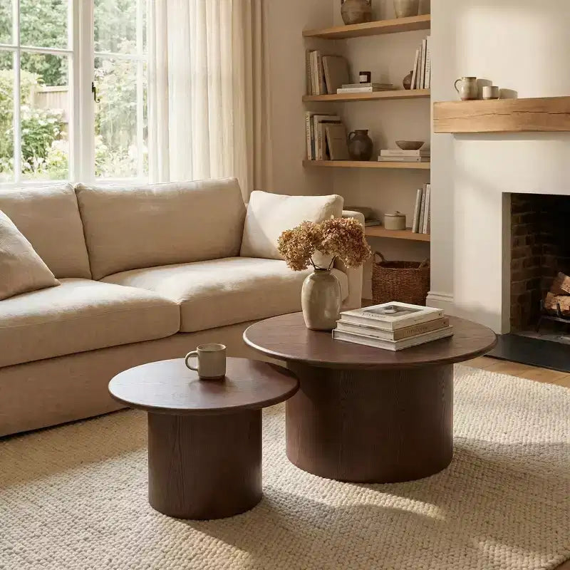 Lot de 2 tables basses rondes en MDF pour salon, appartement, espace détente, couleur noyer