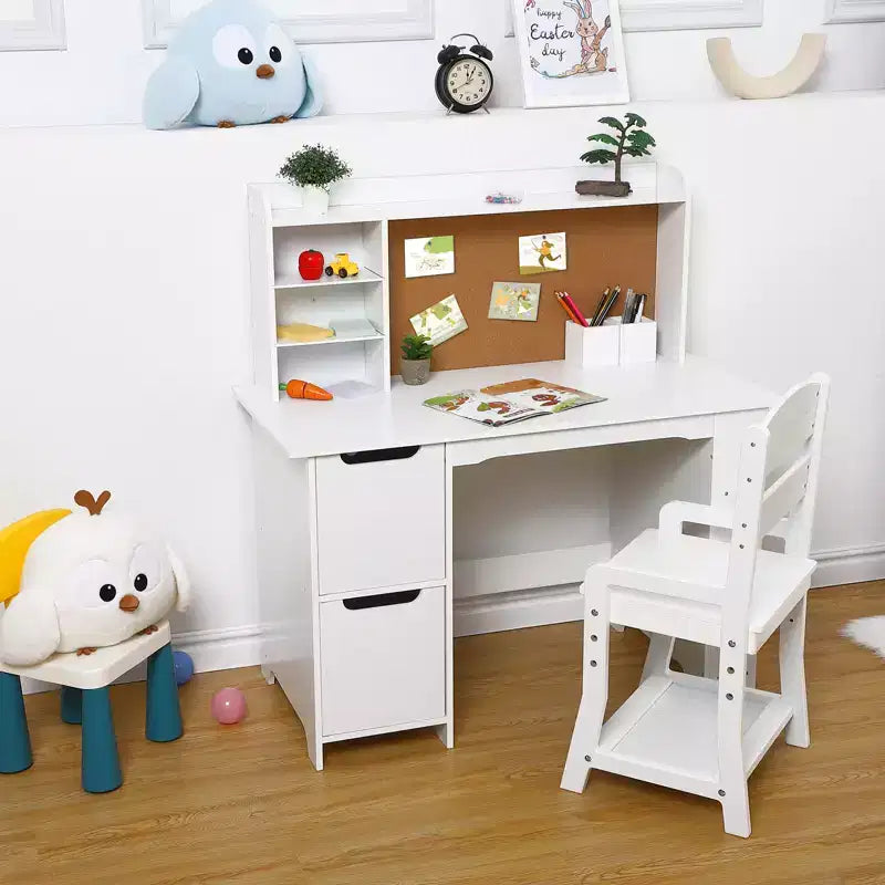 Kids Desk and Chair Set, Wooden Study Table with Hutch and Storage Shelf, Bulletin Board, Children School Learning Desk Set, for Kids, White