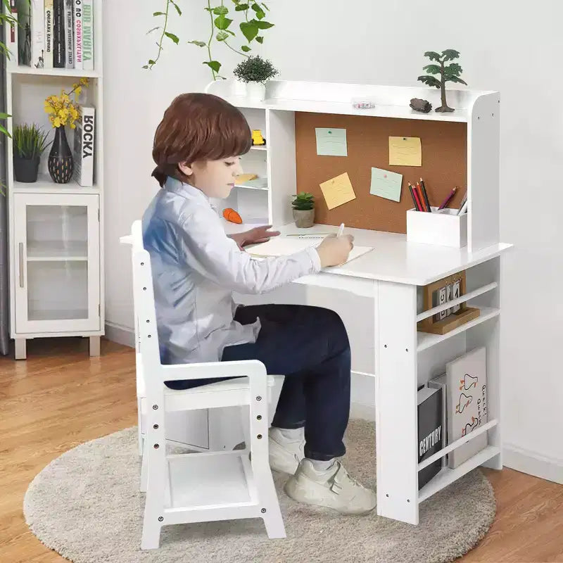 Chaise de bureau pour enfants, table d'étude en bois avec huche et étagère de rangement, tableau d'affichage, bureau d'apprentissage scolaire pour enfants, blanc