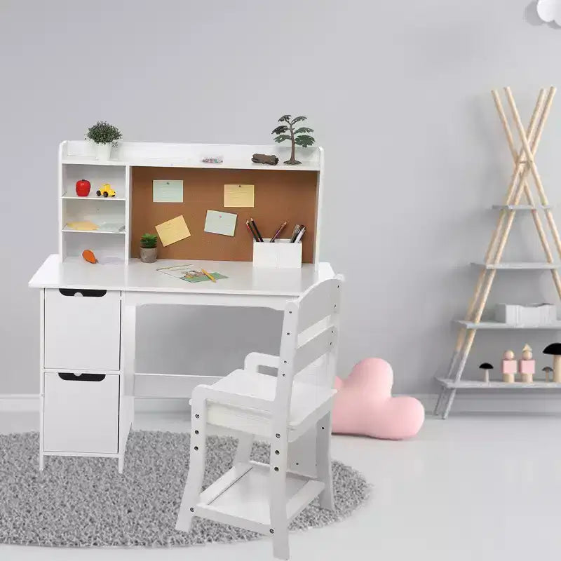 Chaise de bureau pour enfants, table d'étude en bois avec huche et étagère de rangement, tableau d'affichage, bureau d'apprentissage scolaire pour enfants, blanc