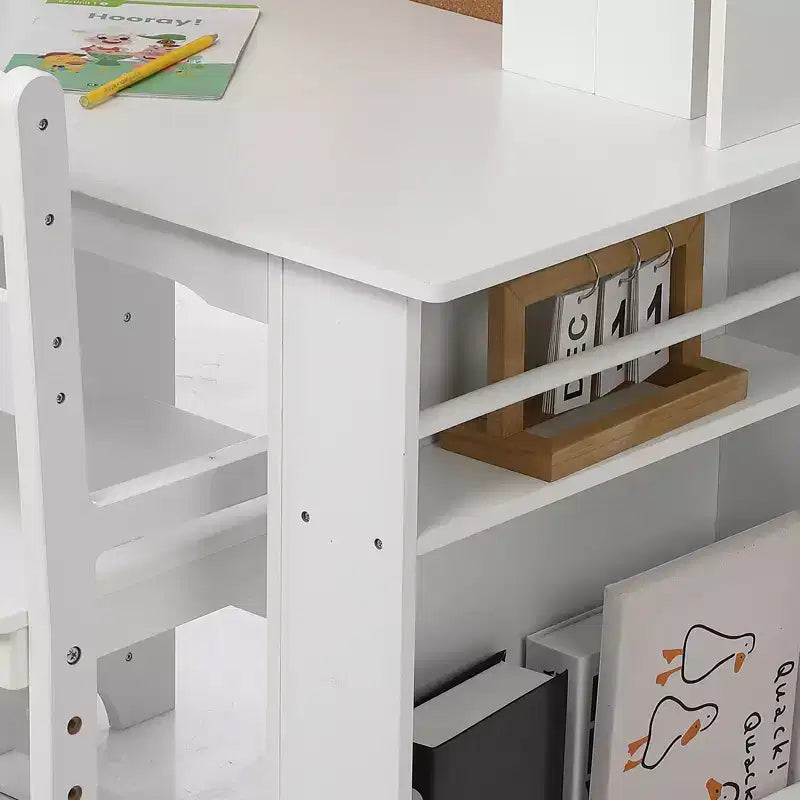 Chaise de bureau pour enfants, table d'étude en bois avec huche et étagère de rangement, tableau d'affichage, bureau d'apprentissage scolaire pour enfants, blanc