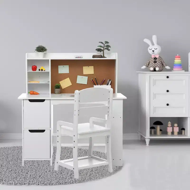 Chaise de bureau pour enfants, table d'étude en bois avec huche et étagère de rangement, tableau d'affichage, bureau d'apprentissage scolaire pour enfants, blanc