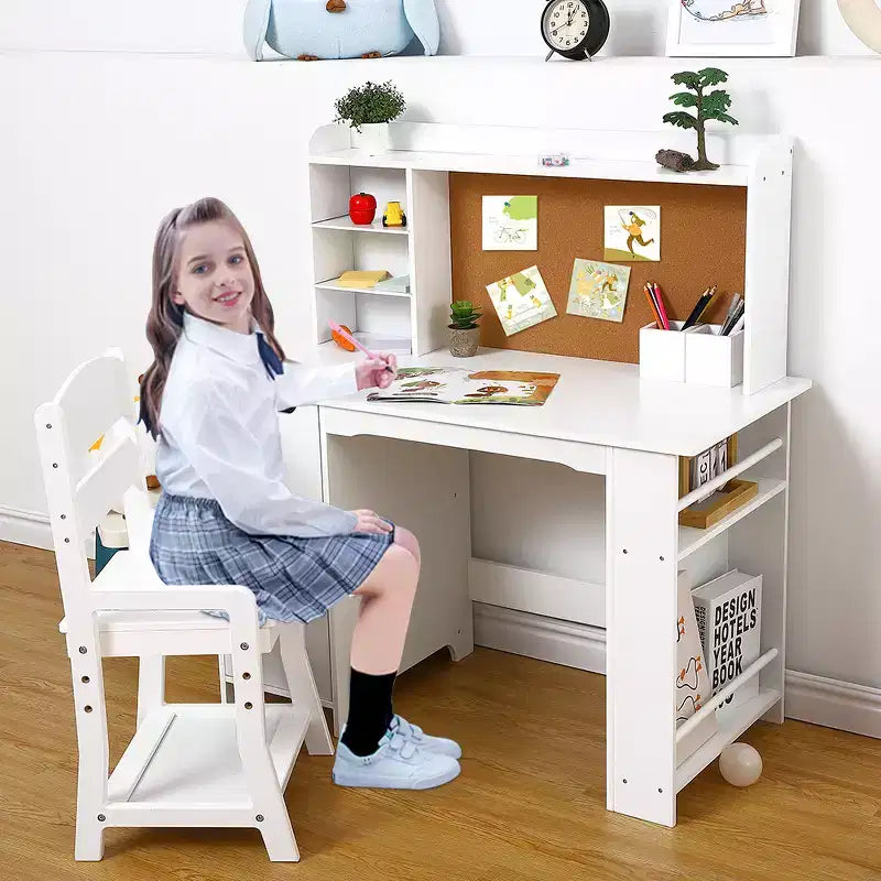 Chaise de bureau pour enfants, table d'étude en bois avec huche et étagère de rangement, tableau d'affichage, bureau d'apprentissage scolaire pour enfants, blanc
