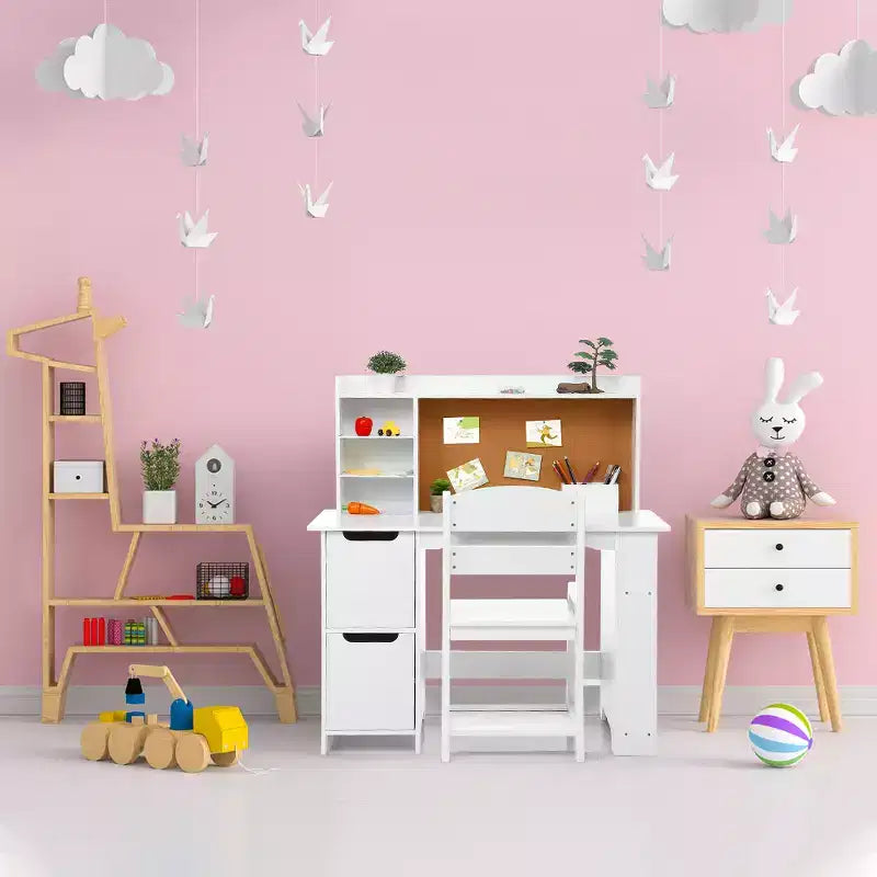 Chaise de bureau pour enfants, table d'étude en bois avec huche et étagère de rangement, tableau d'affichage, bureau d'apprentissage scolaire pour enfants, blanc