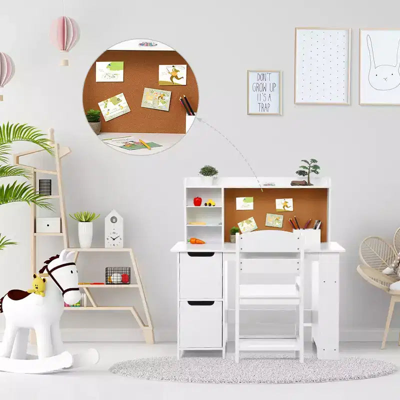 Chaise de bureau pour enfants, table d'étude en bois avec huche et étagère de rangement, tableau d'affichage, bureau d'apprentissage scolaire pour enfants, blanc