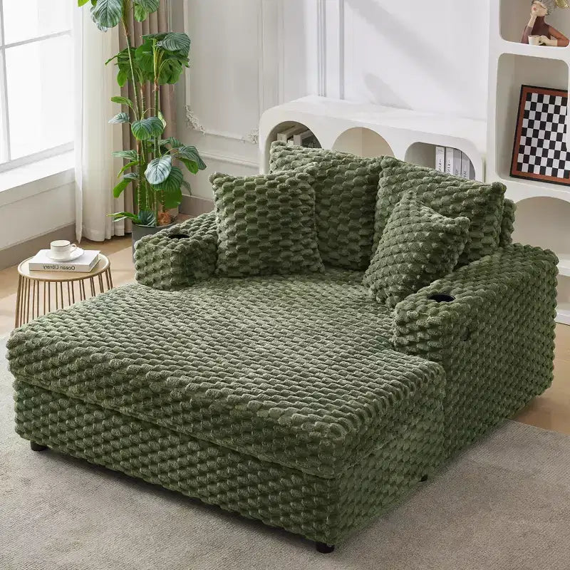 60 Oversized Indoor Chaise Lounge w/ Armrests & Throw Pillows, Upholstered Sleeper Chair Sofa Bed, Cozy Reading Couch for Living Room & Home