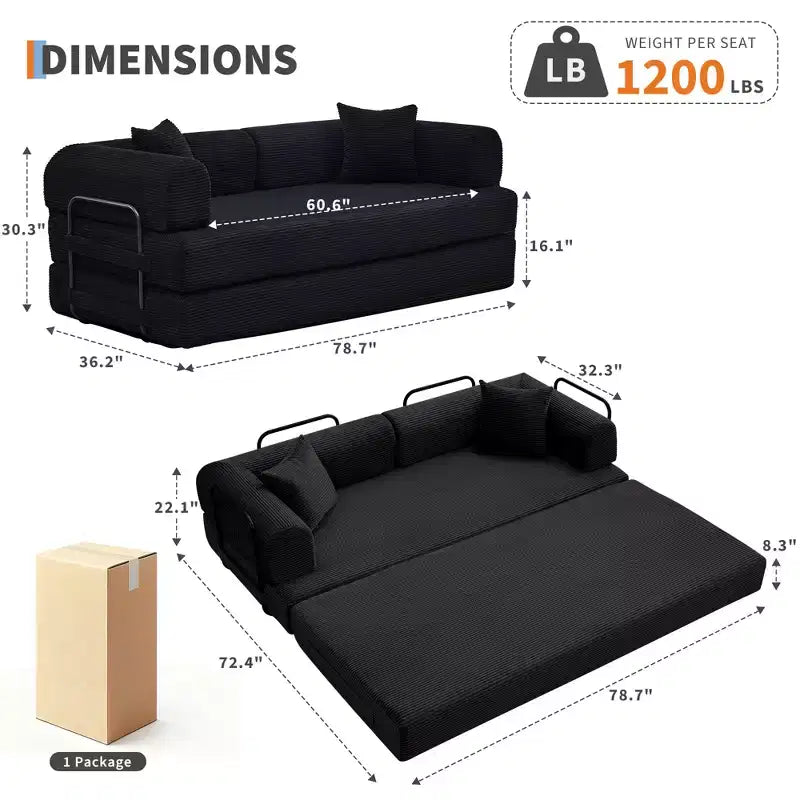Canapé-lit convertible 4-en-1, matelas de sol pliant sans cadre en velours côtelé de 79 po avec oreiller, causeuse sans assemblage pour petit appartement