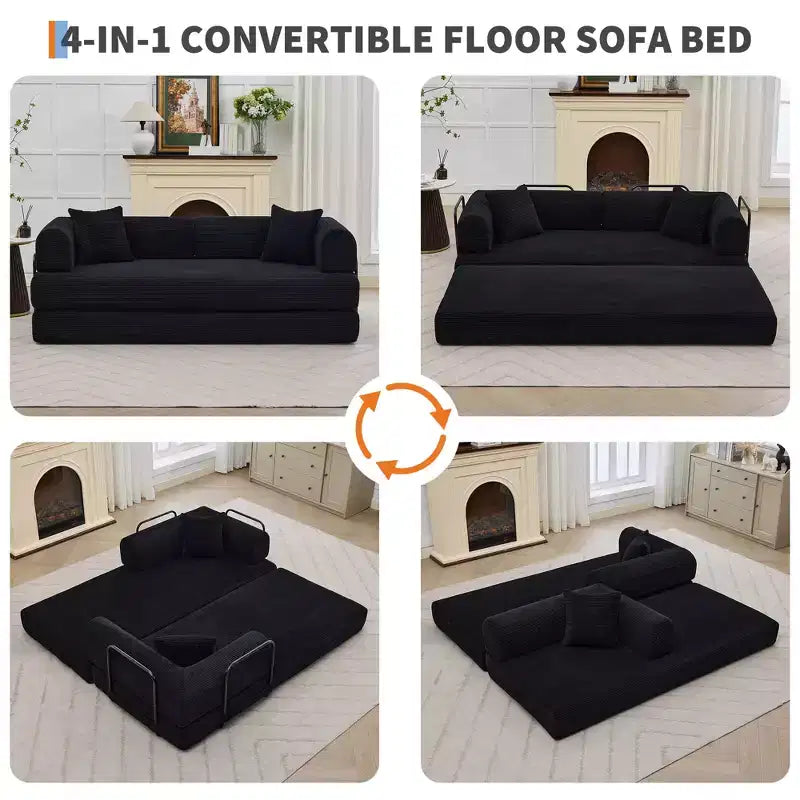 Canapé-lit convertible 4-en-1, matelas de sol pliant sans cadre en velours côtelé de 79 po avec oreiller, causeuse sans assemblage pour petit appartement