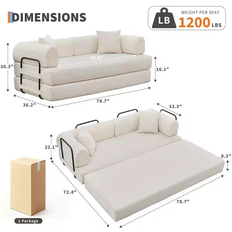 Canapé-lit convertible 4-en-1, matelas de sol pliant sans cadre en velours côtelé de 79 po avec oreiller, causeuse sans assemblage pour petit appartement