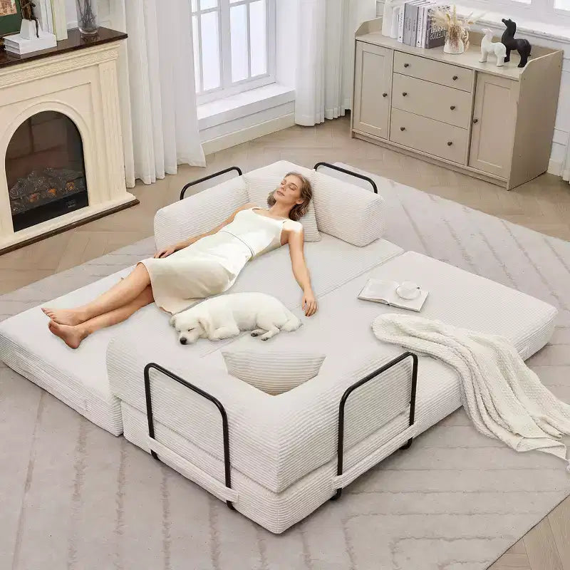 Canapé-lit convertible 4-en-1, matelas de sol pliant sans cadre en velours côtelé de 79 po avec oreiller, causeuse sans assemblage pour petit appartement