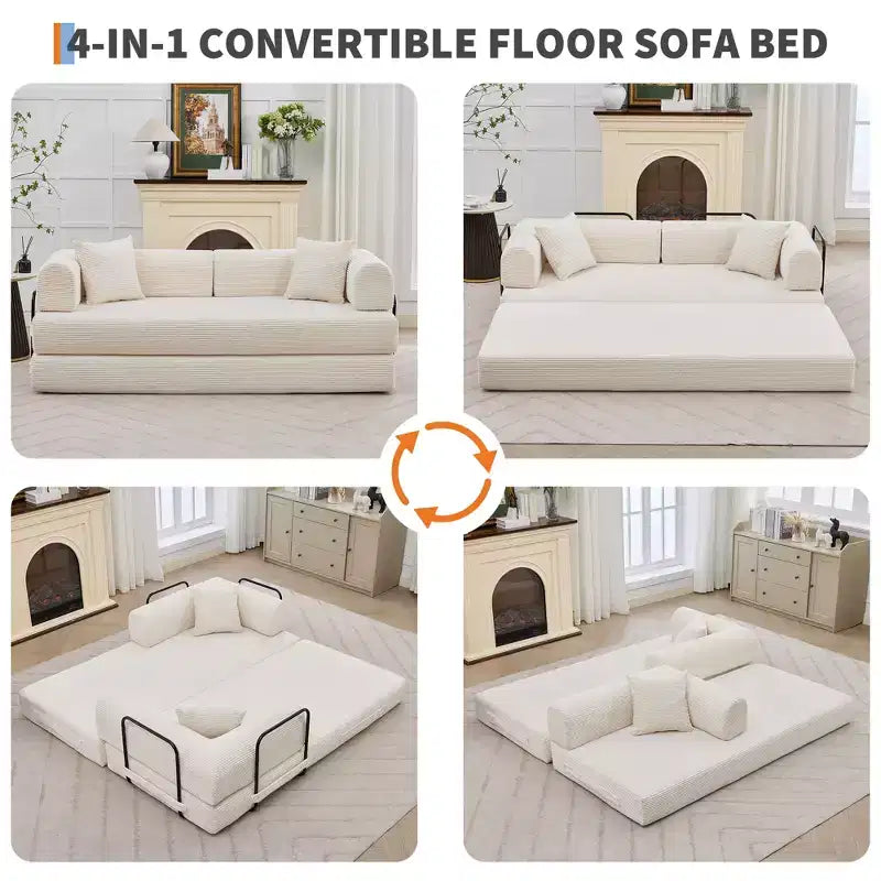 Canapé-lit convertible 4-en-1, matelas de sol pliant sans cadre en velours côtelé de 79 po avec oreiller, causeuse sans assemblage pour petit appartement