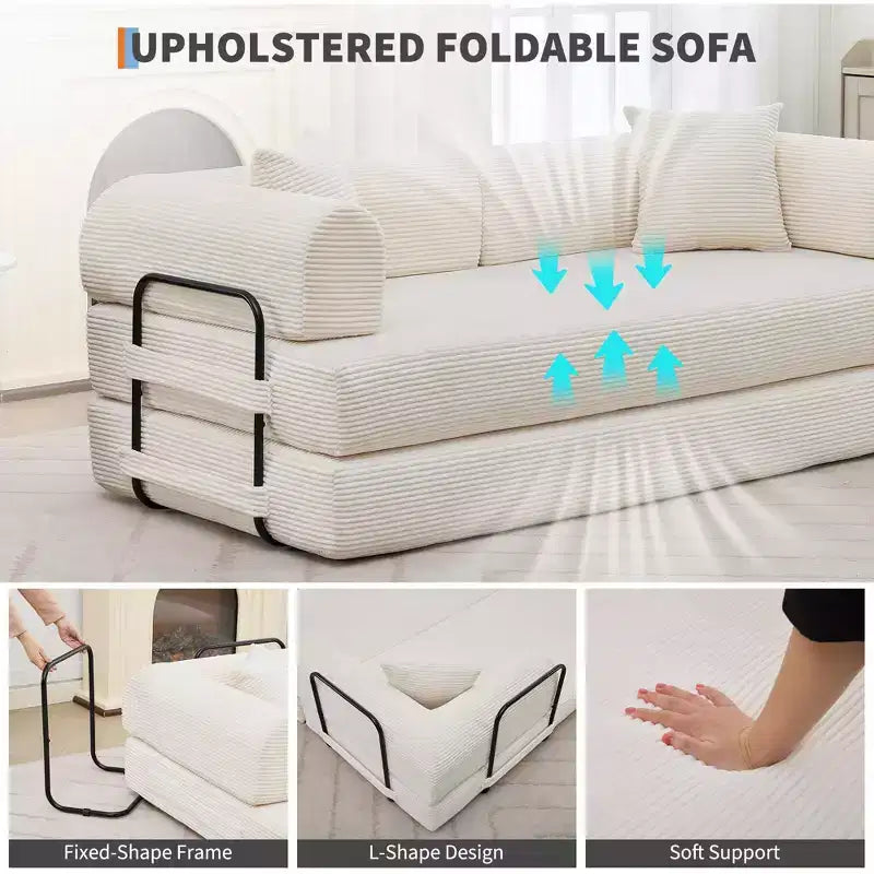 Canapé-lit convertible 4-en-1, matelas de sol pliant sans cadre en velours côtelé de 79 po avec oreiller, causeuse sans assemblage pour petit appartement