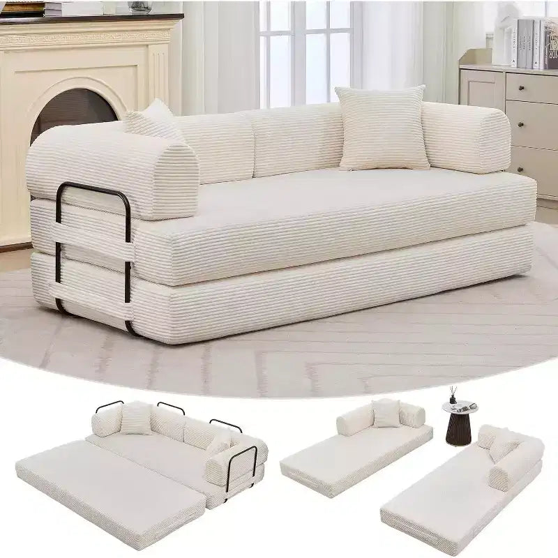 4-in-1 Convertible Sleeper Sofa Bed, 79 Frameless Corduroy Folding Floor Mattress Couch w/ Pillow, No Assembly Loveseat for Small Apartment