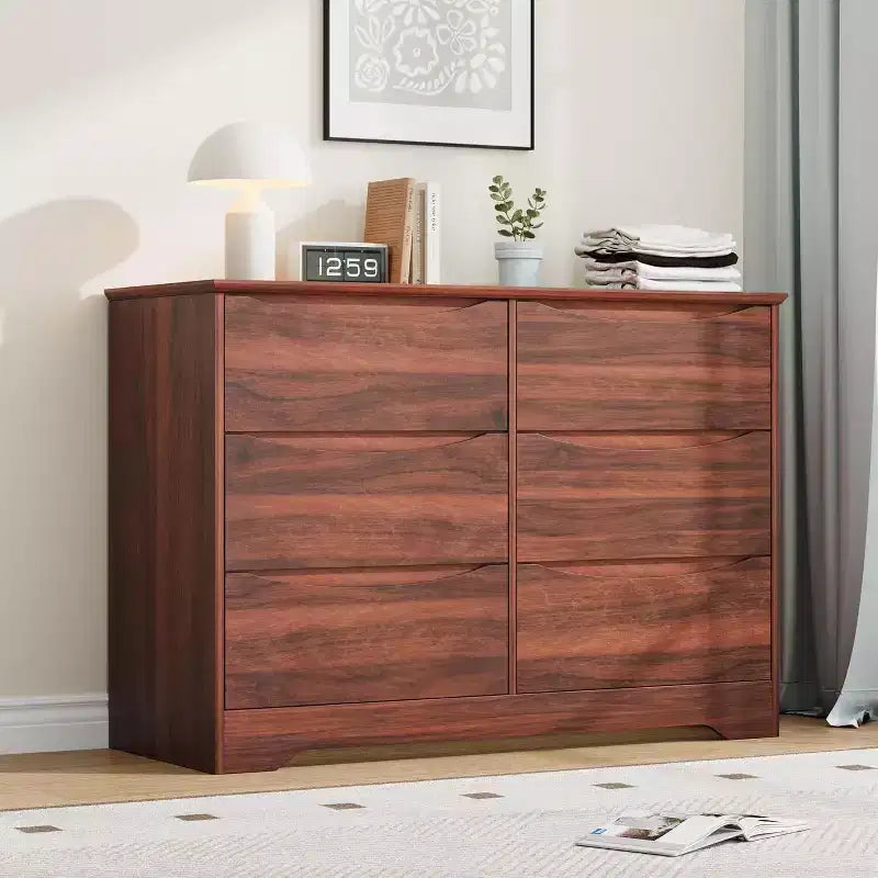 GustoWave Modern Closet, Wooden Storage Dresser with 6 Drawers for Bedroom, Living Room, Hallway, Brown