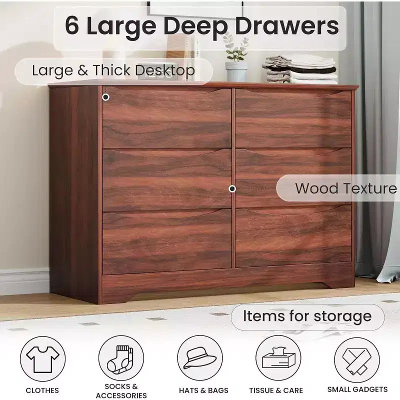 Commode moderne en bois à 6 tiroirs pour chambre à coucher, salon, couloir, marron