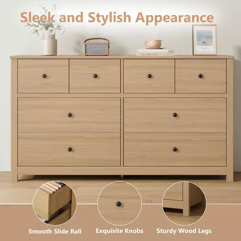 Commode moderne à 8 tiroirs pour chambre à coucher, grande commode en bois avec tiroirs profonds, meuble de rangement autonome pour salon