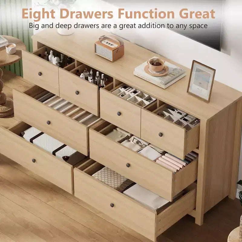Commode moderne à 8 tiroirs pour chambre à coucher, grande commode en bois avec tiroirs profonds, meuble de rangement autonome pour salon