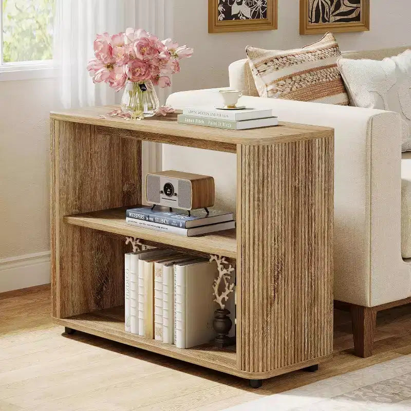 Lantine Narrow Side Table, 3-Tier End Table with Storage Shelves, Farmhouse Bedside Table for Bedroom, Living Room, Small Spaces, Sofa Couch, Natural