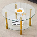 27.5 Contemporary Minimalist Double Layer Tempered Glass Coffee Table, Gold Plated Stainless Steel Legs with Storage