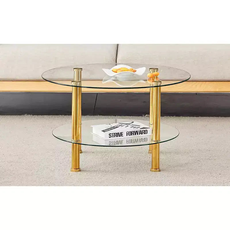 Table basse contemporaine minimaliste à double plateau en verre trempé de 27,5 pouces, pieds en acier inoxydable plaqué or avec rangement