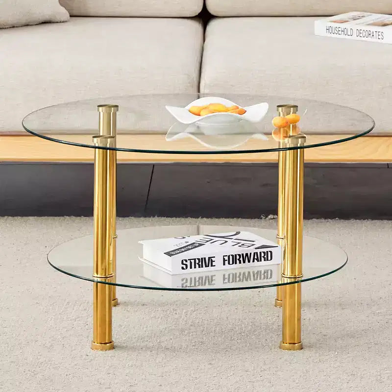 Table basse contemporaine minimaliste à double plateau en verre trempé de 27,5 pouces, pieds en acier inoxydable plaqué or avec rangement
