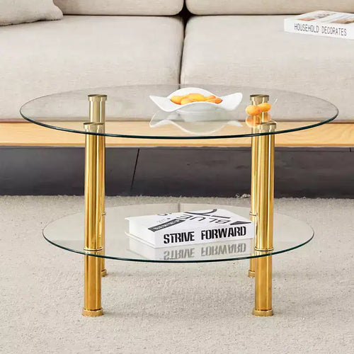 Table basse contemporaine minimaliste à double plateau en verre trempé de 27,5 pouces, pieds en acier inoxydable plaqué or avec rangement