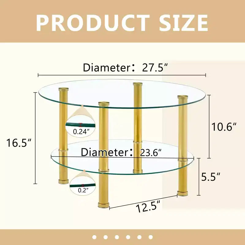 Table basse contemporaine minimaliste à double plateau en verre trempé de 27,5 pouces, pieds en acier inoxydable plaqué or avec rangement