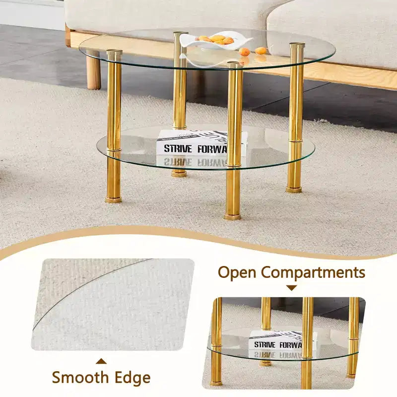 Table basse contemporaine minimaliste à double plateau en verre trempé de 27,5 pouces, pieds en acier inoxydable plaqué or avec rangement