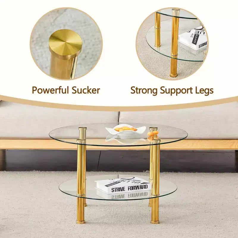 Table basse contemporaine minimaliste à double plateau en verre trempé de 27,5 pouces, pieds en acier inoxydable plaqué or avec rangement