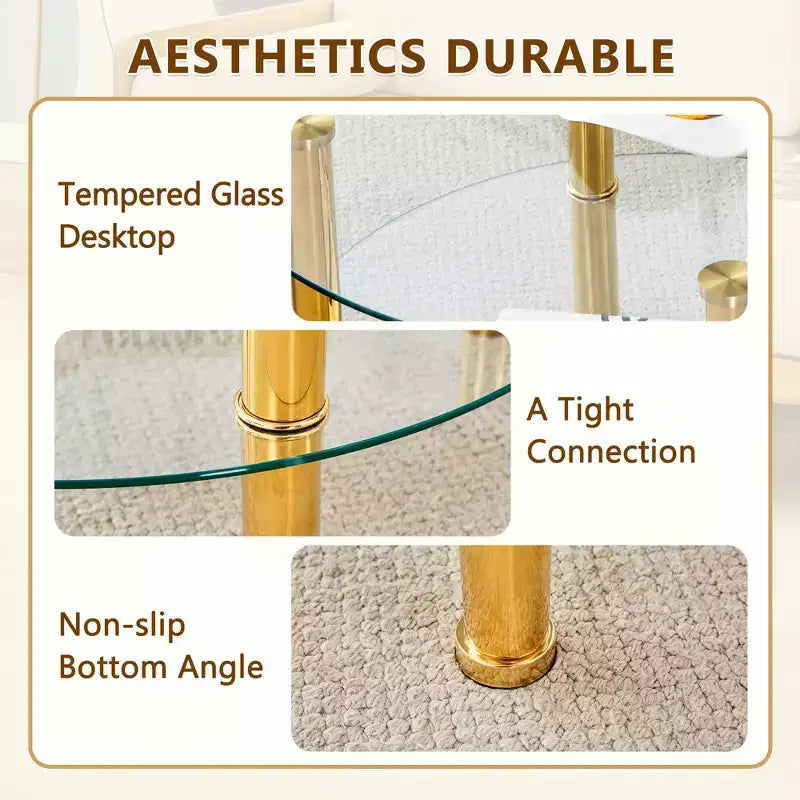Table basse contemporaine minimaliste à double plateau en verre trempé de 27,5 pouces, pieds en acier inoxydable plaqué or avec rangement