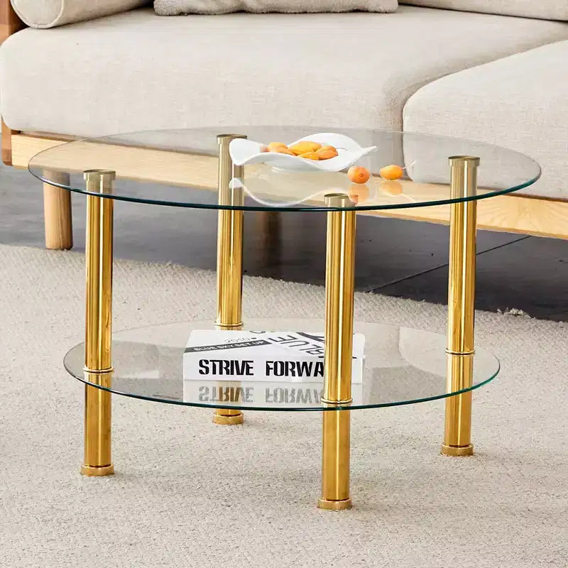 Table basse contemporaine minimaliste à double plateau en verre trempé de 27,5 pouces, pieds en acier inoxydable plaqué or avec rangement