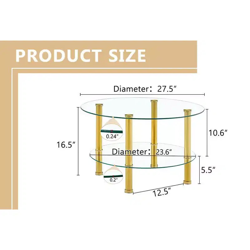 Table basse contemporaine minimaliste à double plateau en verre trempé de 27,5 pouces, pieds en acier inoxydable plaqué or avec rangement