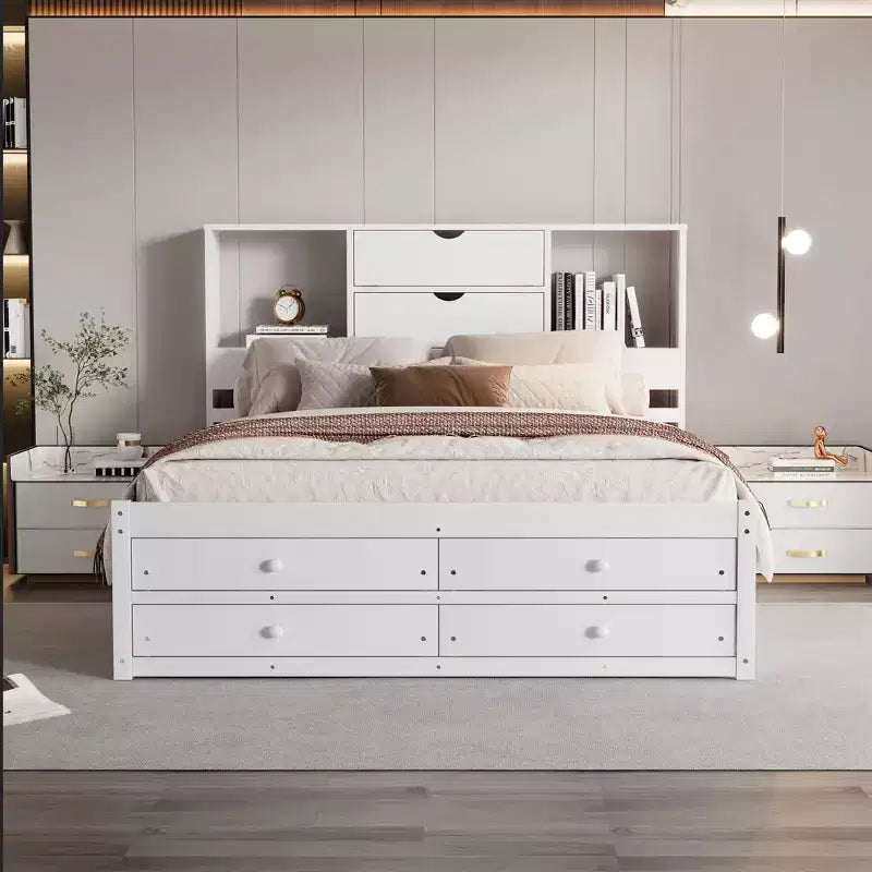 FAMYYT Queen Size Platform Bed with Storage Shelf and 8 Drawers, Easy Assembly