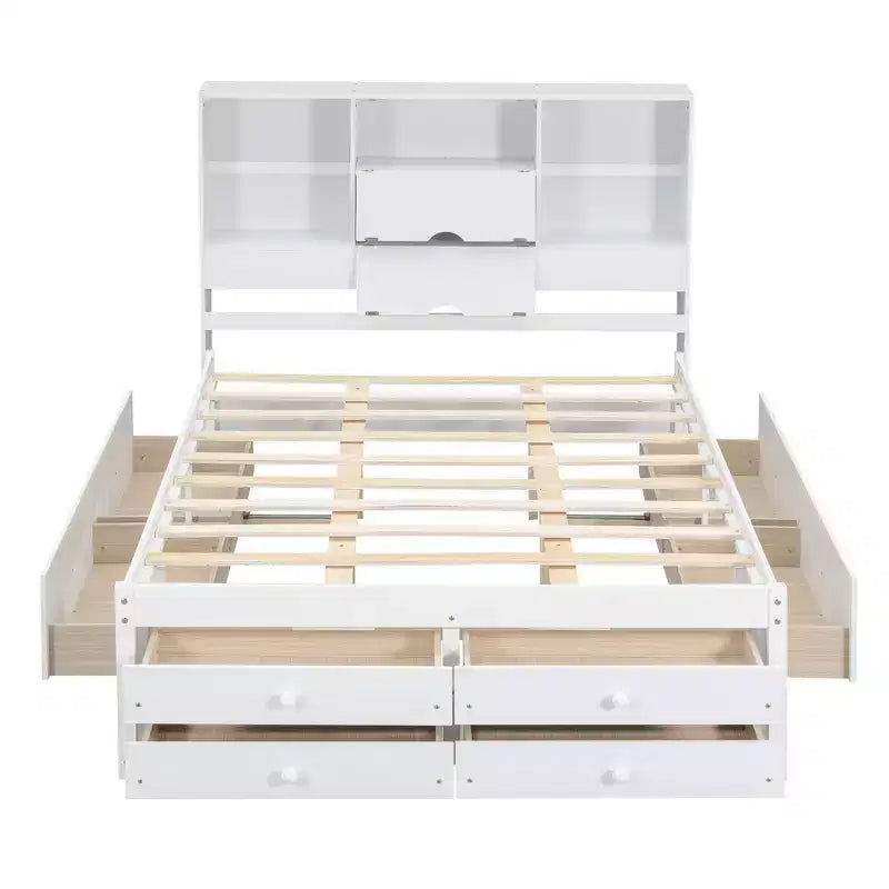 Lit plateforme de taille Queen avec étagère de rangement et 8 tiroirs, montage facile