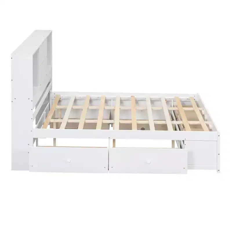 Lit plateforme de taille Queen avec étagère de rangement et 8 tiroirs, montage facile