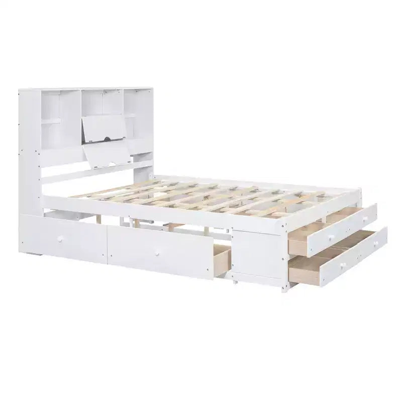 Lit plateforme de taille Queen avec étagère de rangement et 8 tiroirs, montage facile