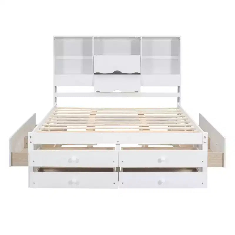 Lit plateforme de taille Queen avec étagère de rangement et 8 tiroirs, montage facile