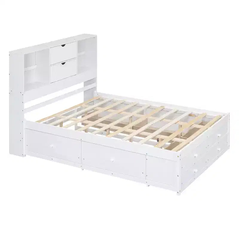 Lit plateforme de taille Queen avec étagère de rangement et 8 tiroirs, montage facile
