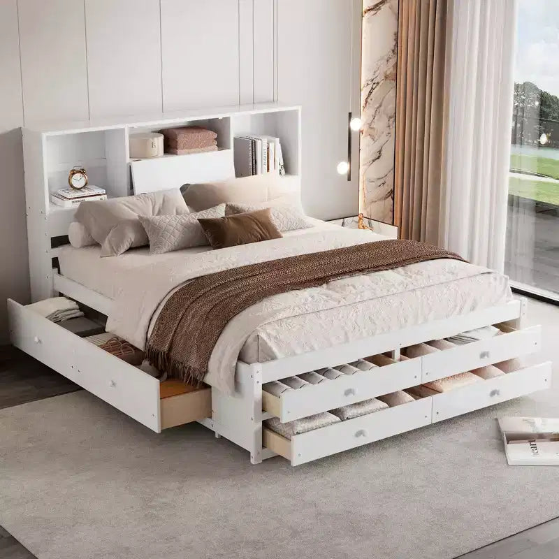 Lit plateforme de taille Queen avec étagère de rangement et 8 tiroirs, montage facile