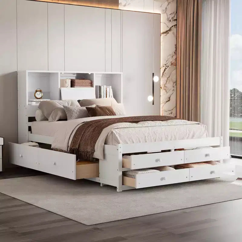Lit plateforme de taille Queen avec étagère de rangement et 8 tiroirs, montage facile