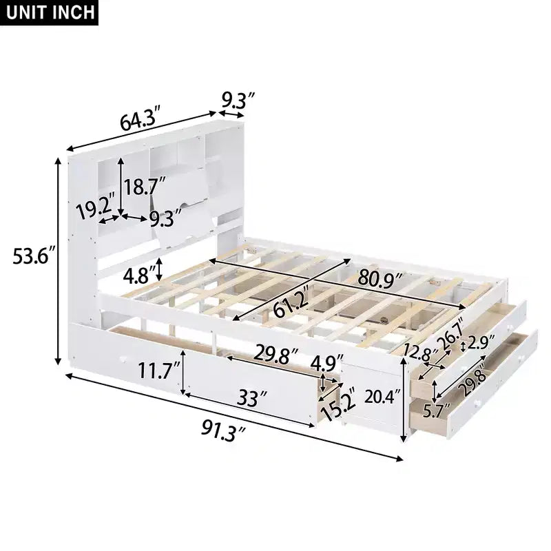 Lit plateforme de taille Queen avec étagère de rangement et 8 tiroirs, montage facile