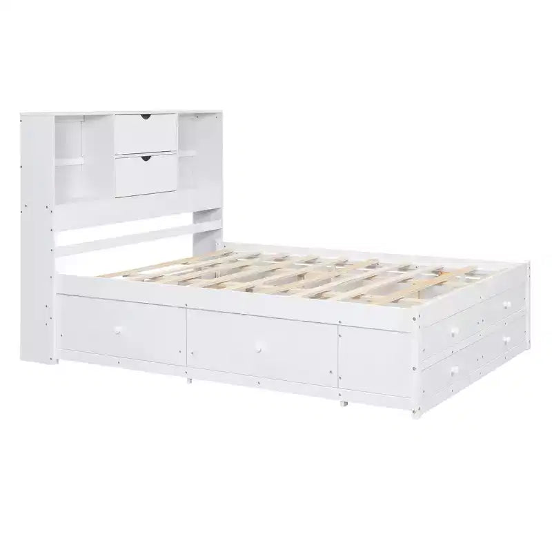 Lit plateforme de taille Queen avec étagère de rangement et 8 tiroirs, montage facile