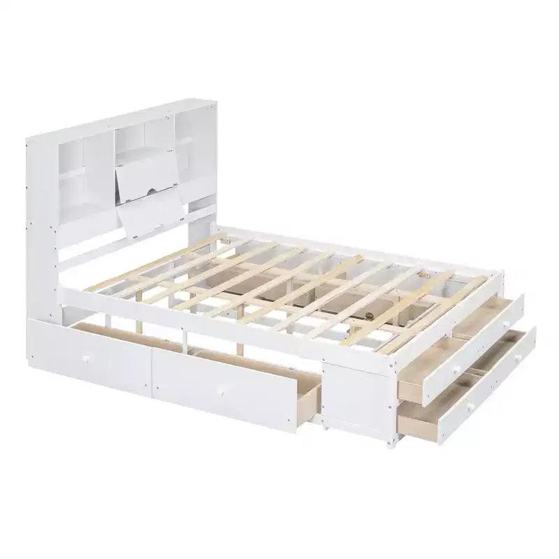 Lit plateforme de taille Queen avec étagère de rangement et 8 tiroirs, montage facile