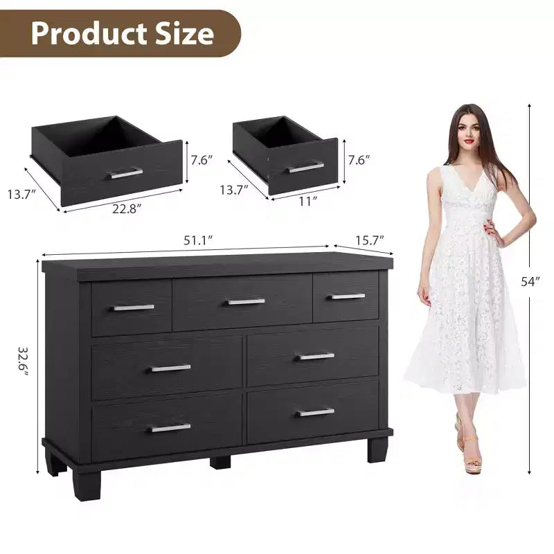 Commode moderne en bois de 51 pouces de large avec 7 tiroirs, commode robuste avec poignées métalliques pour chambre et salon