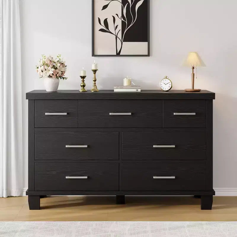 Commode moderne en bois de 51 pouces de large avec 7 tiroirs, commode robuste avec poignées métalliques pour chambre et salon