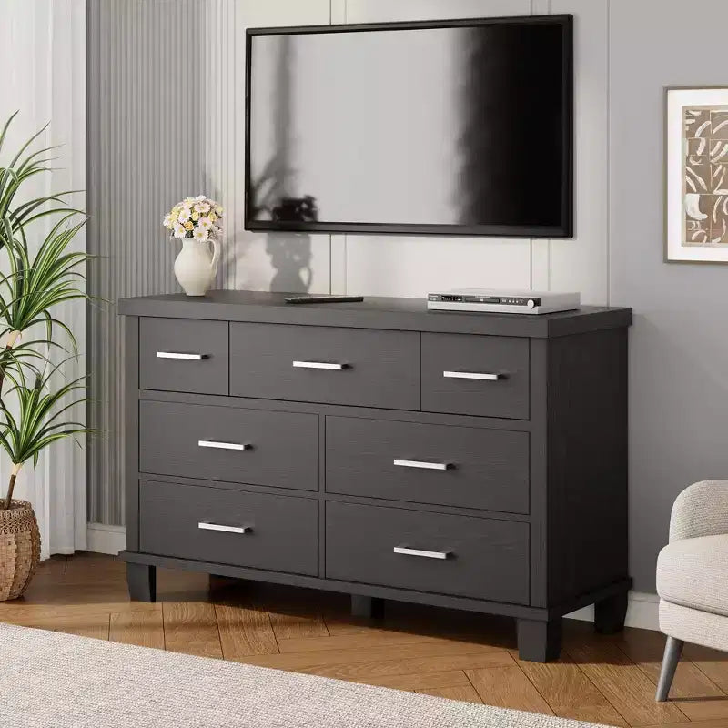 Commode moderne en bois de 51 pouces de large avec 7 tiroirs, commode robuste avec poignées métalliques pour chambre et salon