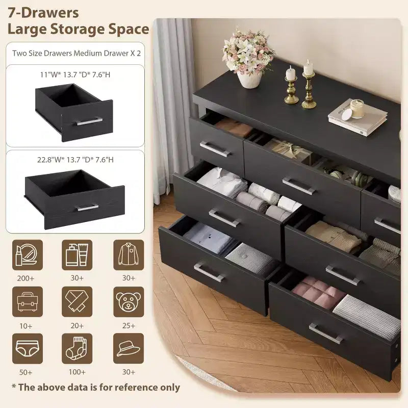 Commode moderne en bois de 51 pouces de large avec 7 tiroirs, commode robuste avec poignées métalliques pour chambre et salon
