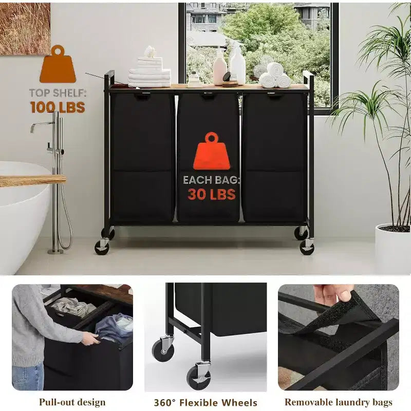 Panier à linge avec étagère et 3 sacs amovibles, trieur à linge roulant de 120L avec cadre métallique pour salle de bain