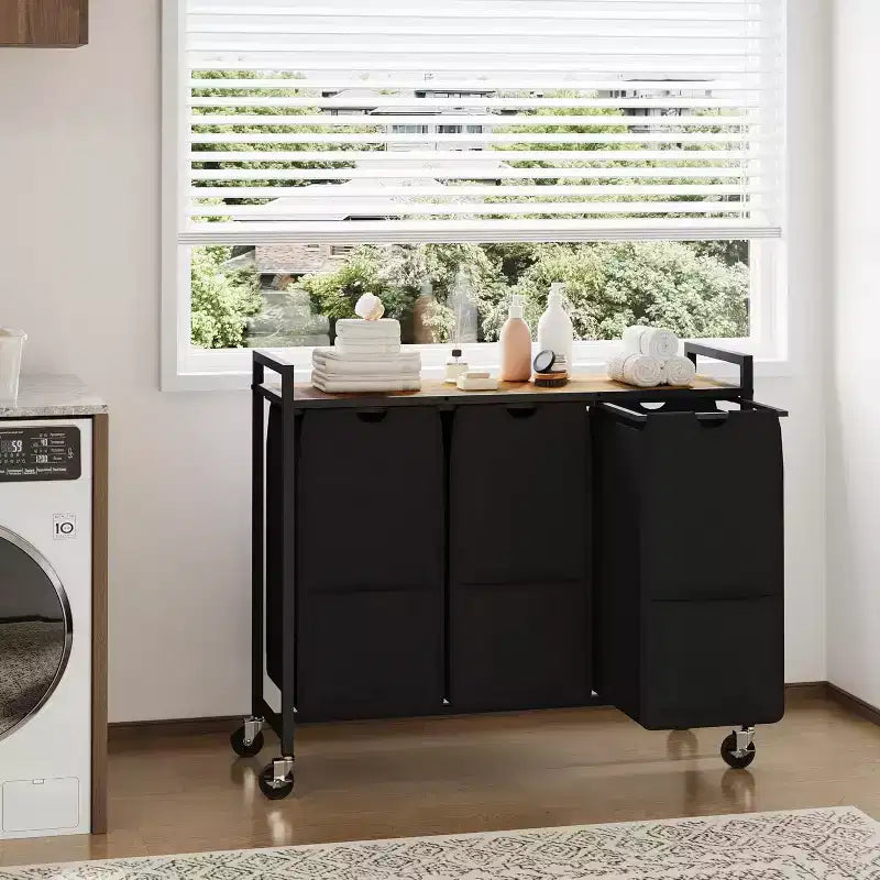 Panier à linge avec étagère et 3 sacs amovibles, trieur à linge roulant de 120L avec cadre métallique pour salle de bain